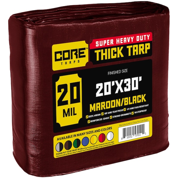 Core Tarps Heavy Duty Tarp, 20 ft x 30 ft, 20 Mil, Maroon, Polyethylene CT-707-20X30 - main